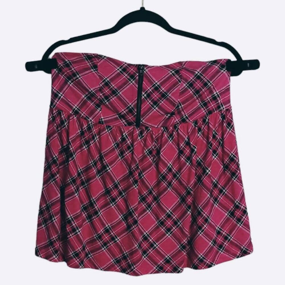 TORRID Womens Sz 0 (L) Pink Black Plaid Strapless Bandeau‎ Crossover Top Blouse